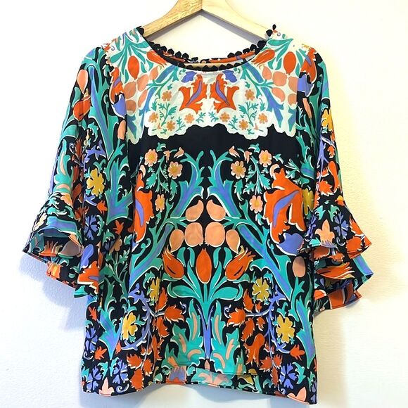 Maeve Anthropologie Folkart Kimono Top Silk Ruffle Floral Fairy Boho Chic Sz 2 - Picture 3 of 9